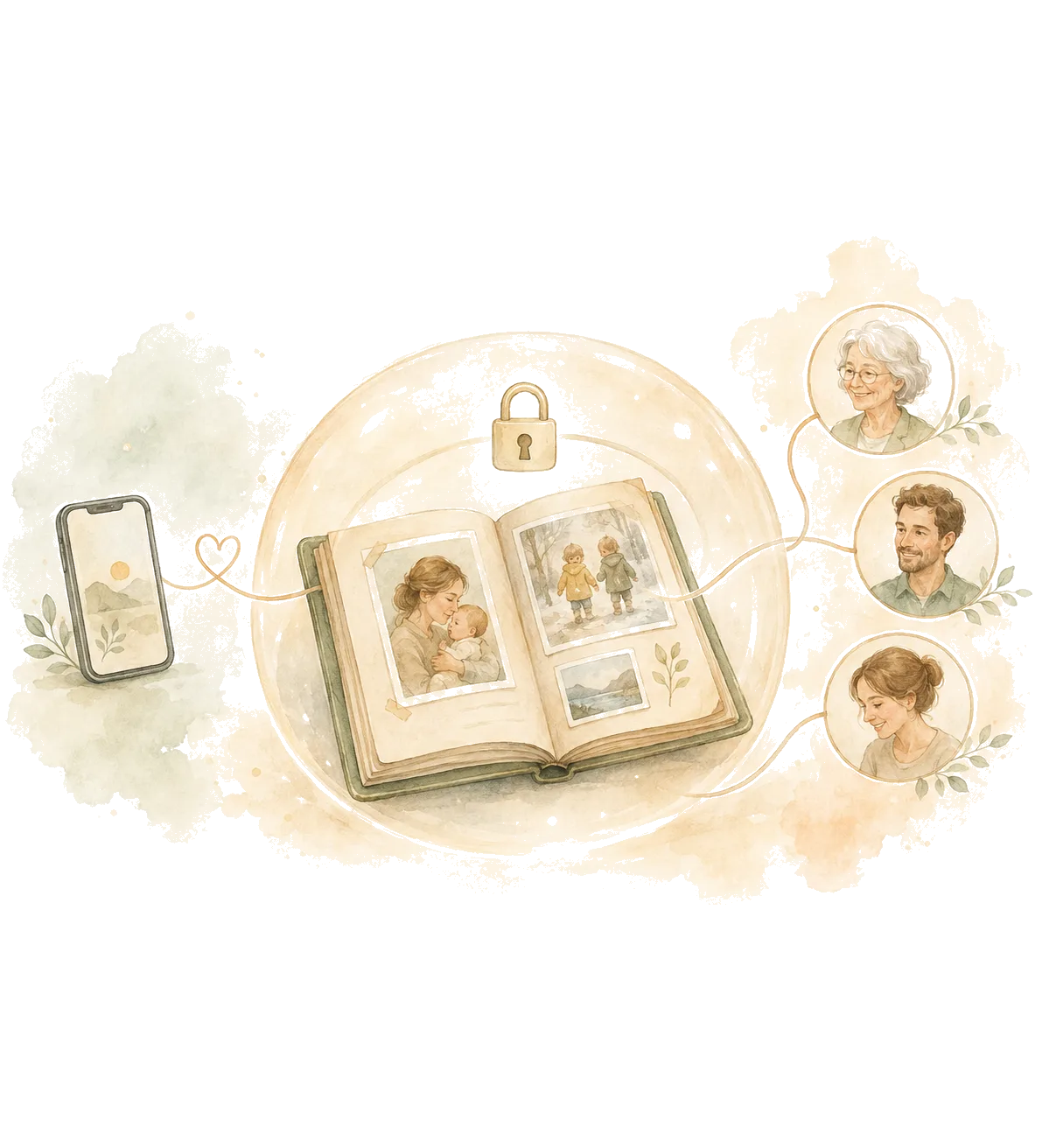 Illustration eines verschlüsselten Familienalbums, das ausgewählte Familienmitglieder sicher verbindet