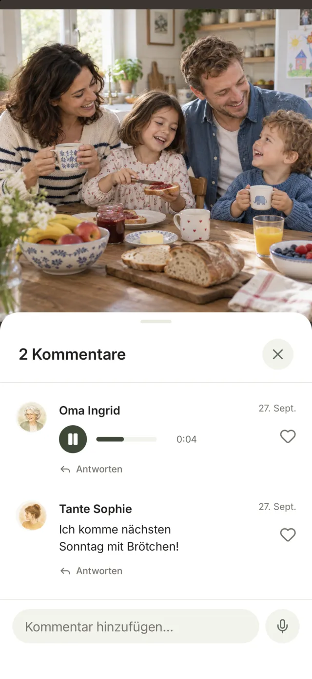 Kommentare zum Foto „Sonntagsfrühstück“: Oma Ingrid antwortet mit einer Sprachnachricht, Tante Sophie schreibt „Ich komme nächsten Sonntag mit Brötchen!“