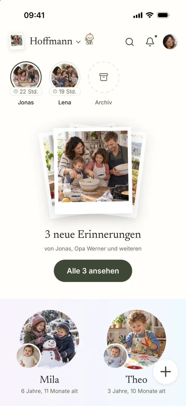 Die Startseite der Familie Hoffmann mit drei neuen Erinnerungen und den Kindern Mila und Theo.