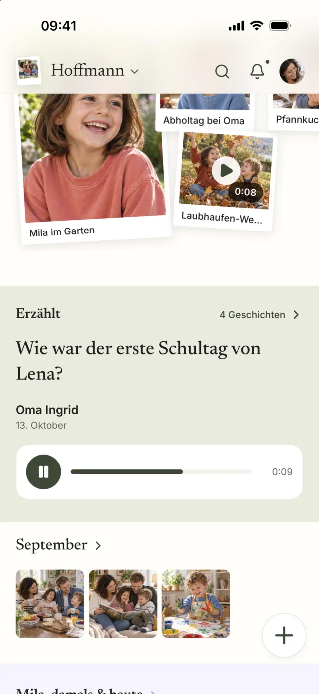 Die Startseite mit einer Erzählung von Oma Ingrid zwischen den Monaten: Auf die Frage „Wie war der erste Schultag von Lena?“ antwortet sie mit einer Sprachnachricht.